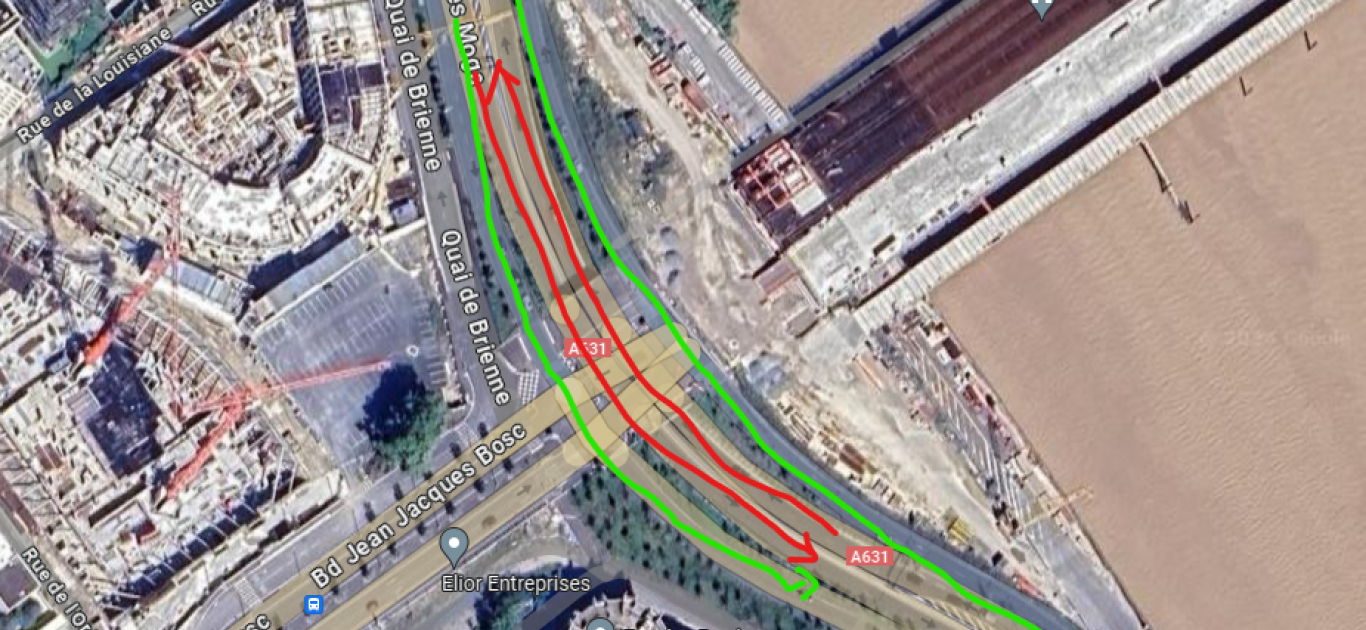 Plan des voies de circulation de la trémie Simone-Veil en rouge et déviations en vert, vue du ciel