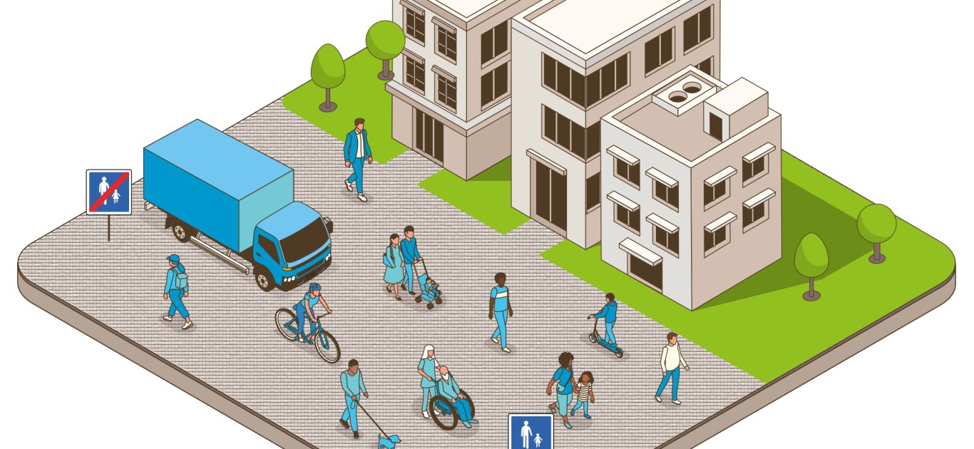 Illustration de l'aire piétonne : tous les modes de déplacements se côtoient mais tous doivent respecter la priorité e piéton 