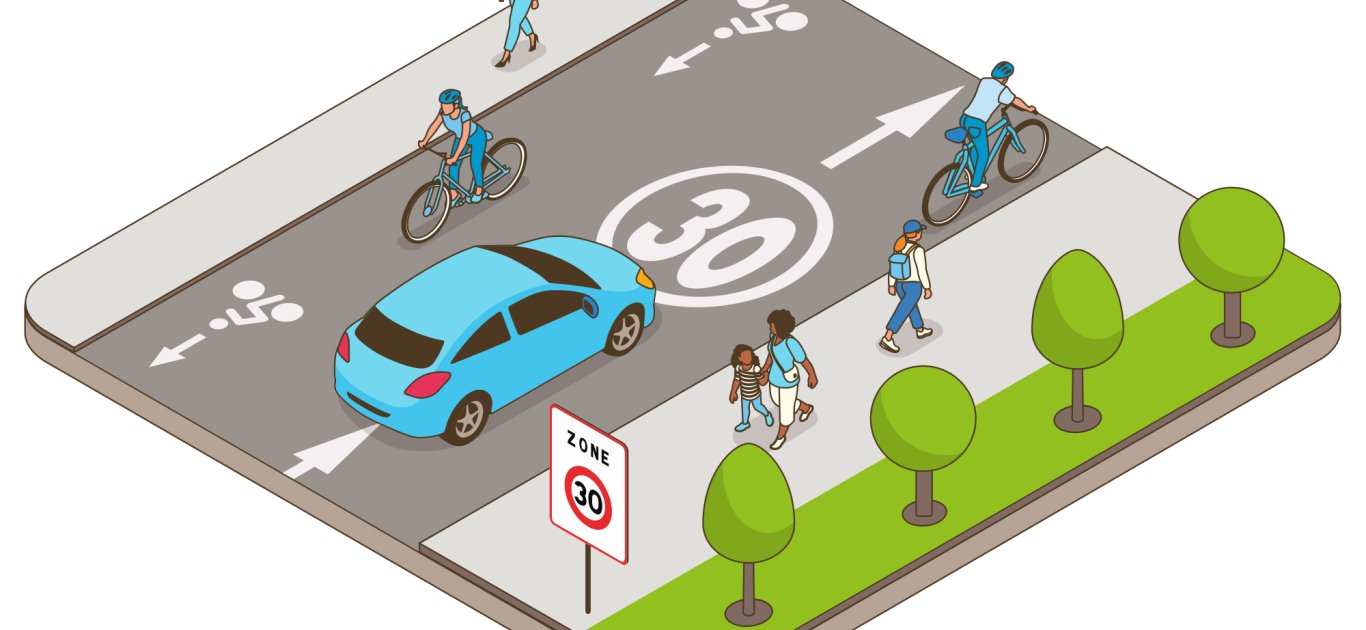Illustration de la zone 30 : une voiture circulant derrière un vélo à une vitesse limitée