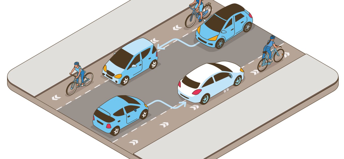 Illustration d'une chaucidou, une chaussée à voie centrale banalisée