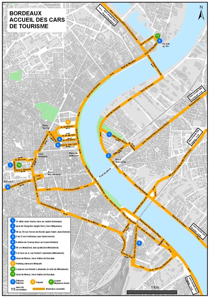 Carte des points d'accueil des cars de tourisme à Bordeaux