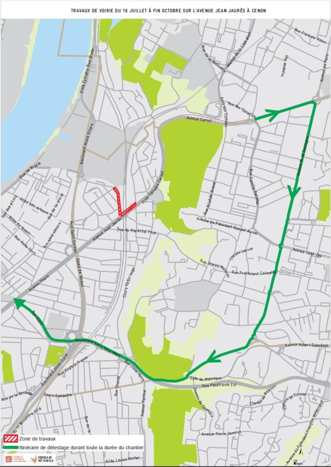 Plan de l'itinéraire de délestage du chantier Avenue Jean Jaurès