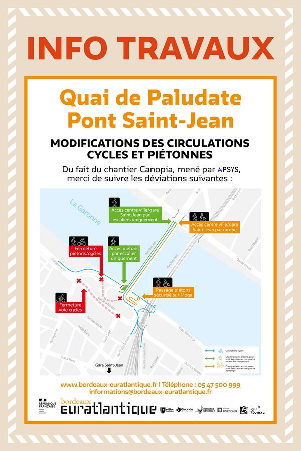 Visuel du plan de circulation du pont St Jean et du quai de Paludate pour les piétons et les cycles