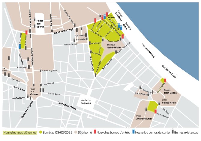 Plan du secteur piéton élargi de Bordeaux Sud au 3 février 2025