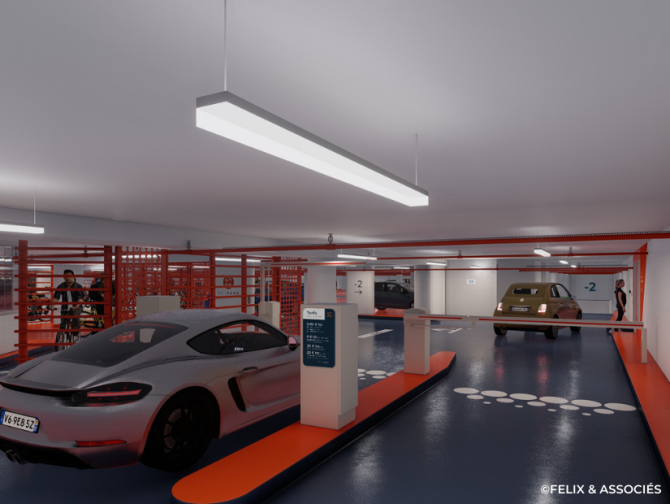 Illustration du futur parking République, transformé en metstation ; vue sur les bornes de sortie voitures