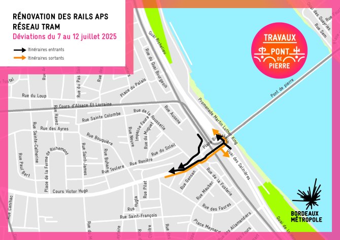 Plan de déviation du chantier du pont de pierre du 7 au 12 juillet 2025