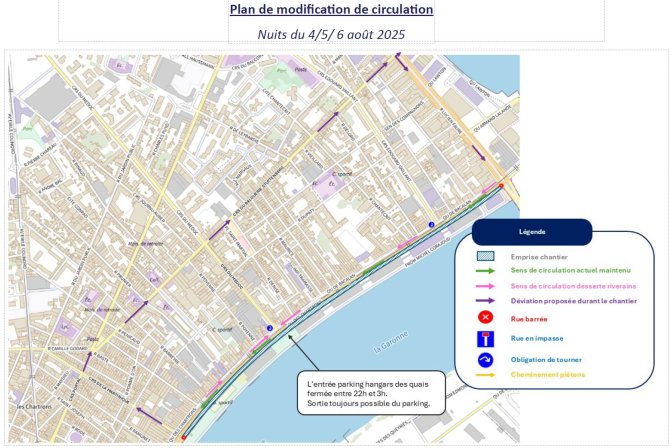 Plan de circulation du quai de Bacalan et quai des Chartrons durant le chantier de création de la piste cyclable bidirectionnelle