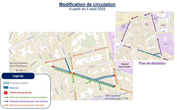 Plan de circulation et déviation du chantier sur le cours de la Libération à Bordeaux