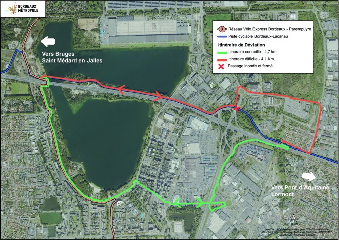 Plan de déviations vélo du ReVE3 au niveau de Bordeaux Lac