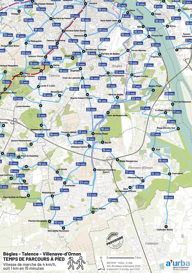 Cartographie des temps de parcours de Bègles, Talence et Villenave d'Ornon