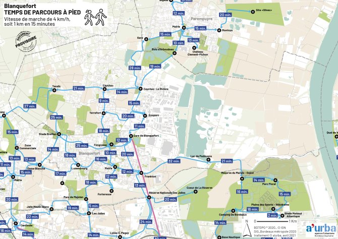 Cartographie des temps de parcours de Blanquefort