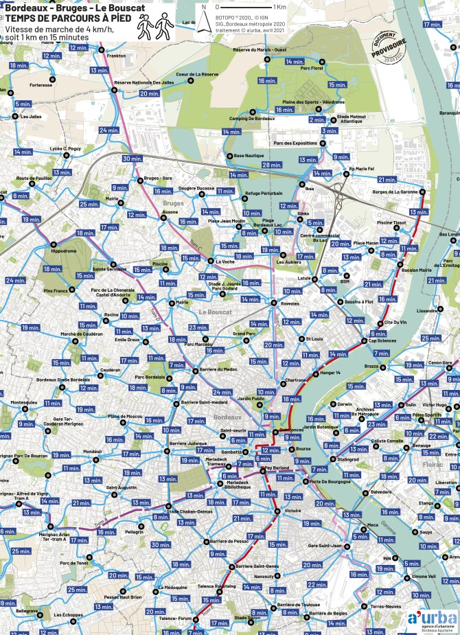 Cartographie des temps de parcours de Bordeaux, Bruges, Le Bouscat