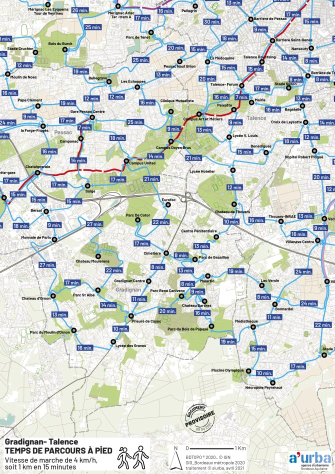Cartographie des temps de parcours de Gradignan, Talence