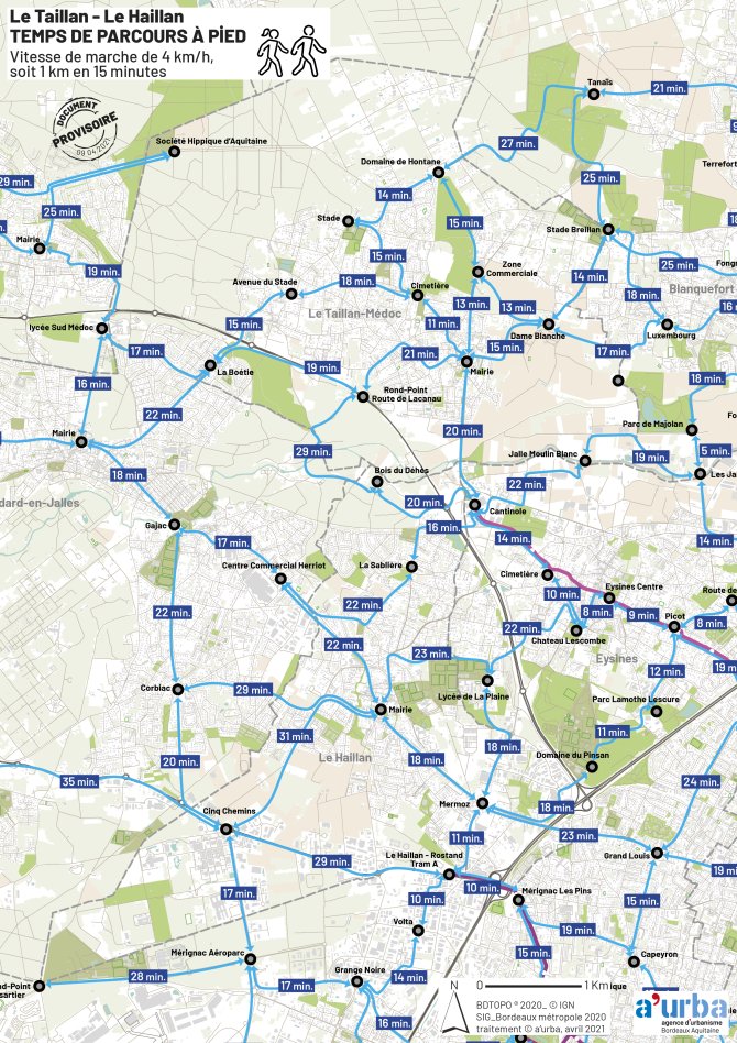 Cartographie des temps de parcours du Taillan, Le Haillan