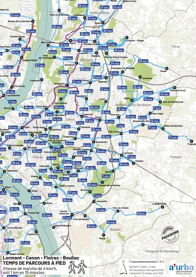Cartographie des temps de parcours de Lormont, Cenon, Floirac, Bouliac
