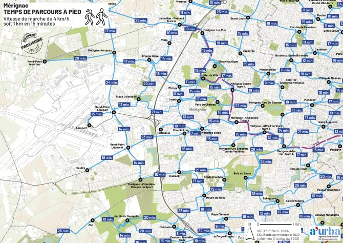 Cartographie des temps de parcours de Mérignac