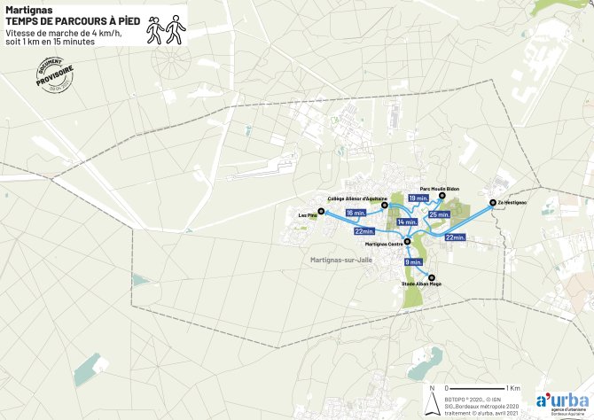 Cartographie des temps de parcours de Martignas