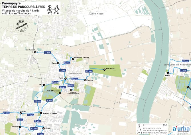 Cartographie des temps de parcours de Parempuyre
