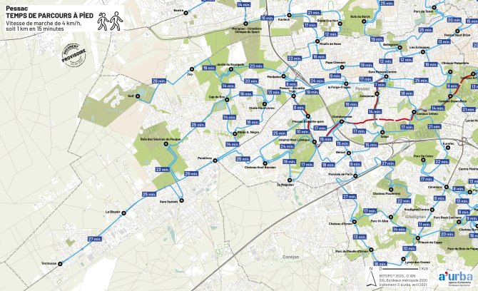 Cartographie des temps de parcours de Pessac