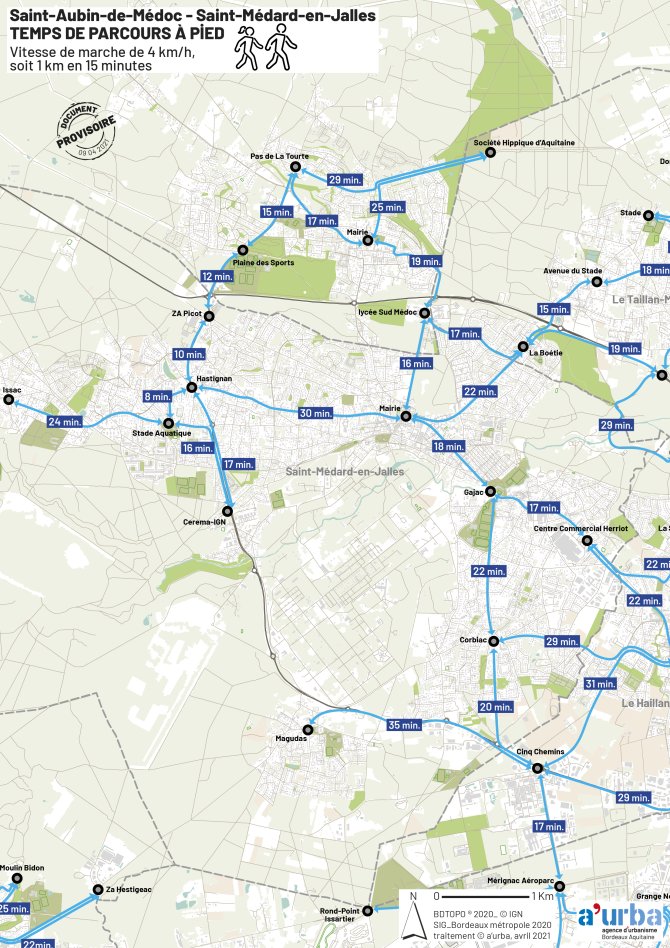 Cartographie des temps de parcours de St Aubin de Médoc et St Médard en Jalles