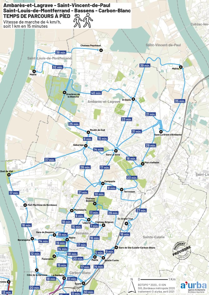 Cartographie des temps de parcours de Ambarès, St Vincent de Paul, St Louis de Montferrand, Bassens, Carbon Blanc