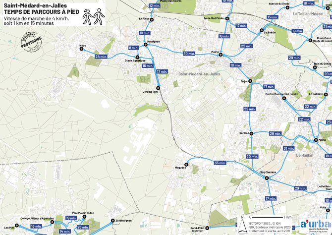 Cartographie des temps de parcours de Saint Médard en Jalles