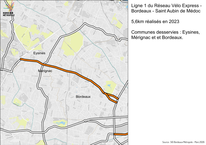Plan du ReVE 1 mis en service sur Eysines, Mérignac et Bordeaux