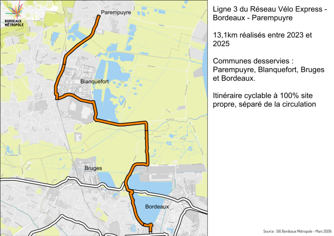 Plan du ReVE 3 mis en service sur Parempuyre, Blanquefort, Bruges et Bordeaux