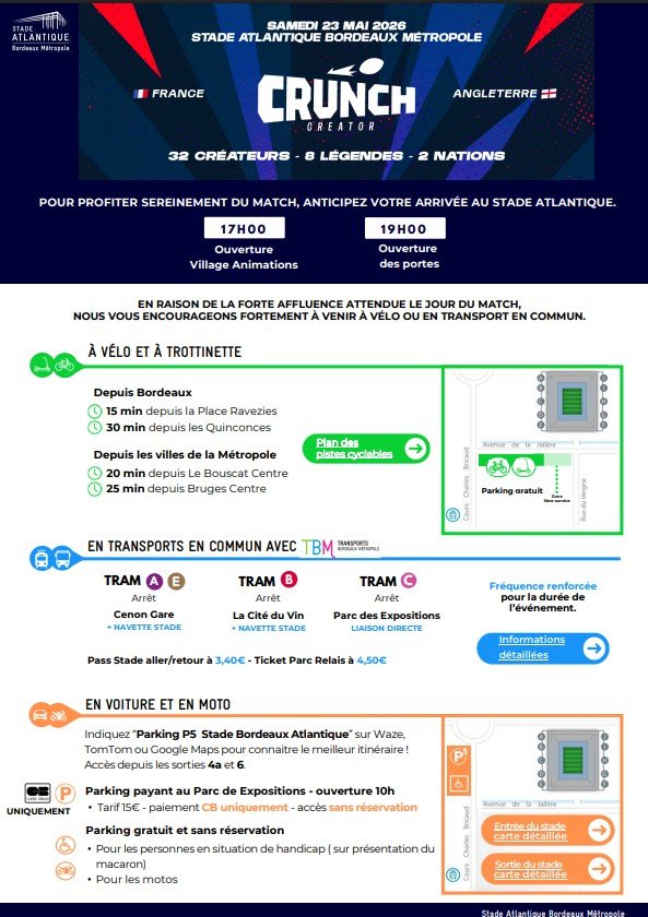 Fiche Mobilité pour le Crunch Creator au Stade Atlantique 