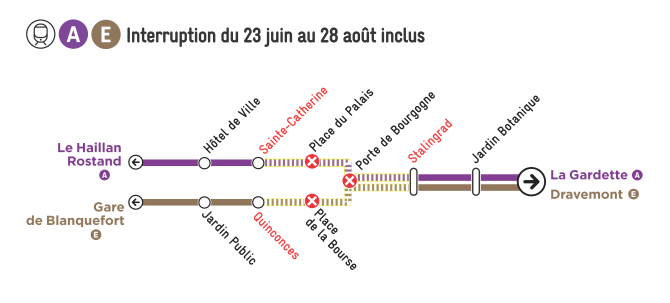 Plan zoomé sur les coupures tram A et E de l'été 2026