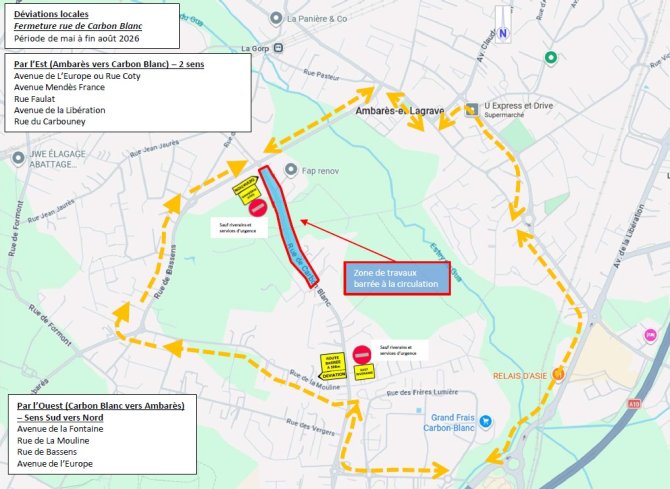 Plan de circulation 1 du chantier rue de carbon-blanc à Ambarès, mai-aout 2026