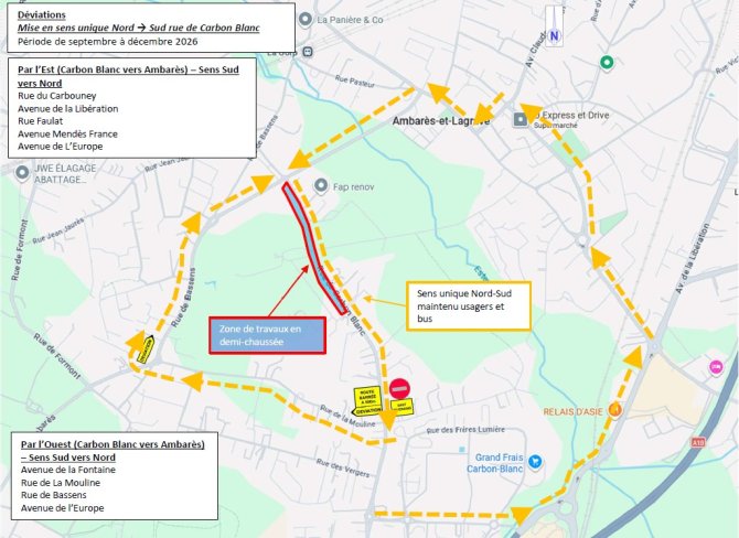 Plan de circulation du chantier rue de carbon-blanc à Ambarès, sept-dec 2026