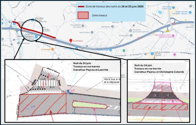 plan de circulation les nuits du 20 et 21 mai avenue du Peyrou à Artigues