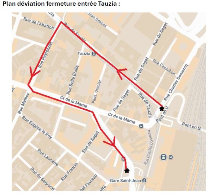 Plan de déviation entrée Tauzia - accès P1 et P2 de la gare saint Jean