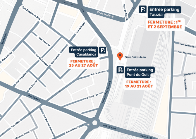 Plan des accès fermés des parkings P1 et P2 de la Gare Saint-Jean