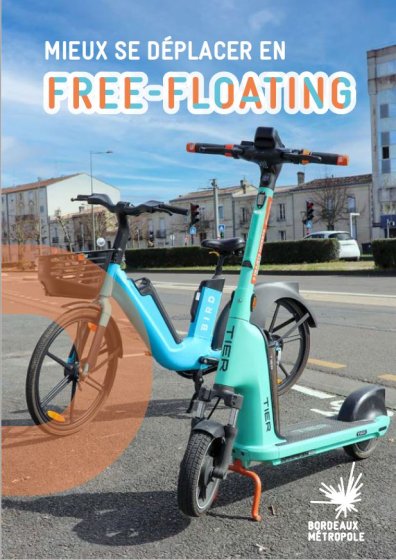 En haut de la page le titre Mieux se déplacer en free-floating, au 1er plan une trottinette et un vélo en libre service